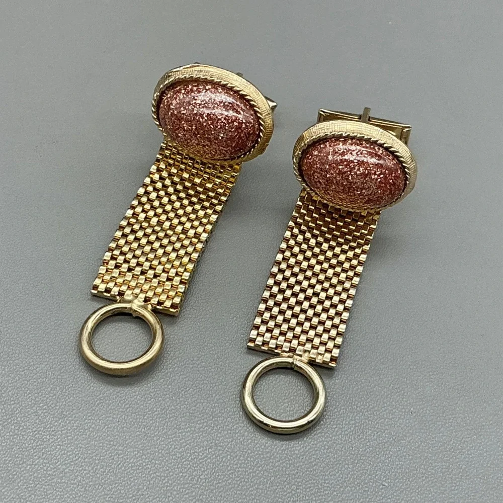 Vintage Gold Tone Mesh Wrap Around Cufflinks Faux Goldstone Cabochon Mid Century